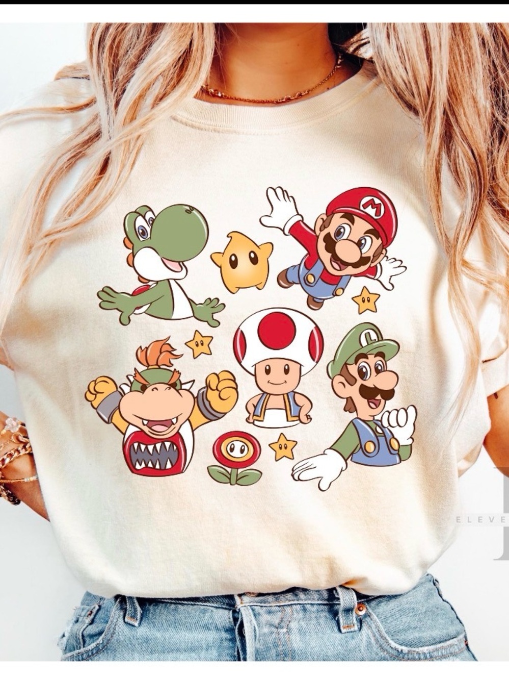 Adults small Super Mushroom Characters Graphic Tee - Cream